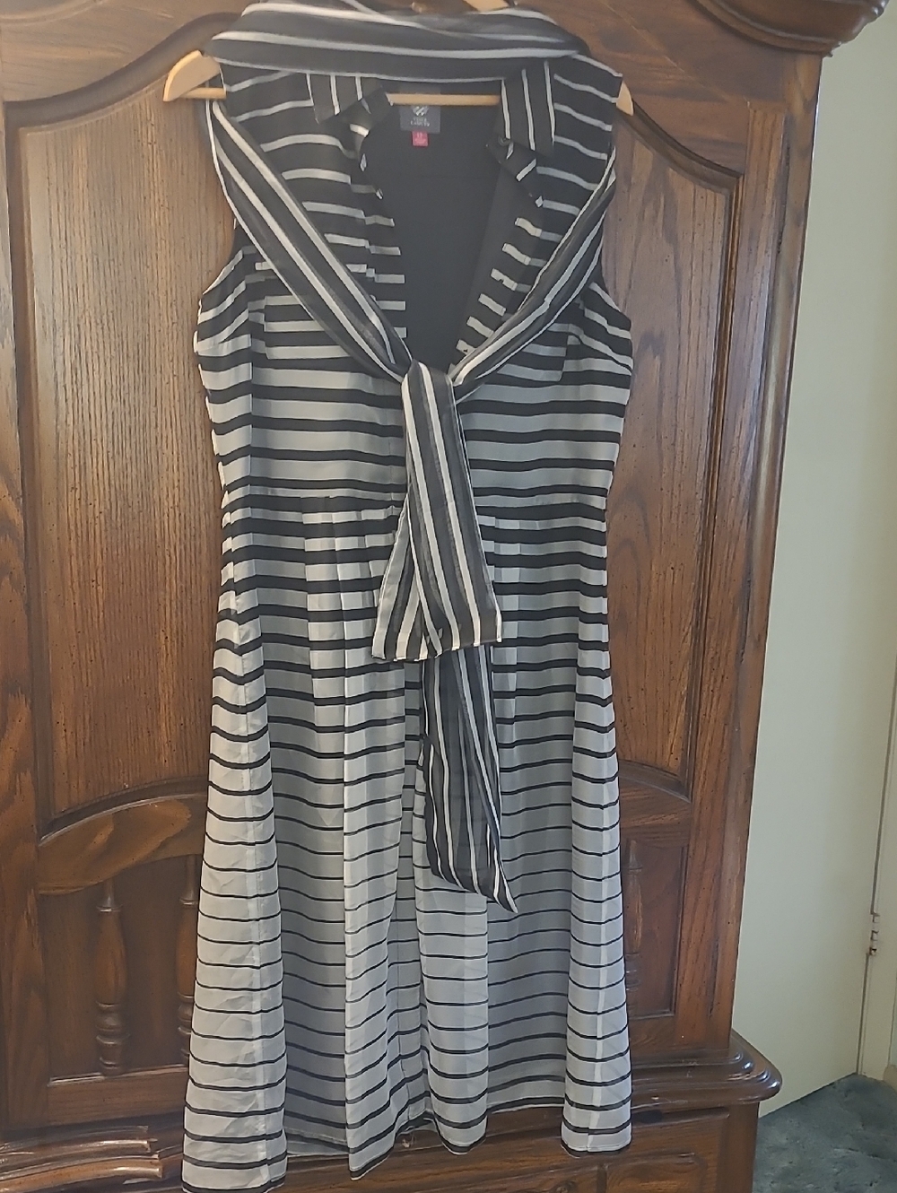 Vince Camuto Black and White Striped Midi Dress with Neck Scarf